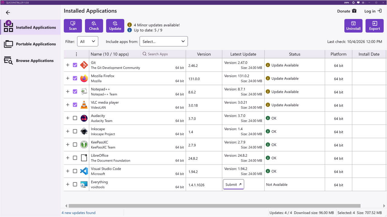 QuickInstaller listing installed apps with updates available