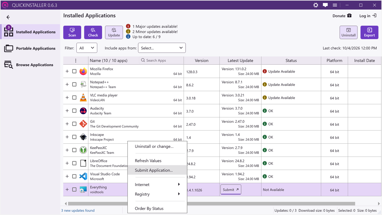 The right-click menu on an Installed app row, with Submit Application highlighted