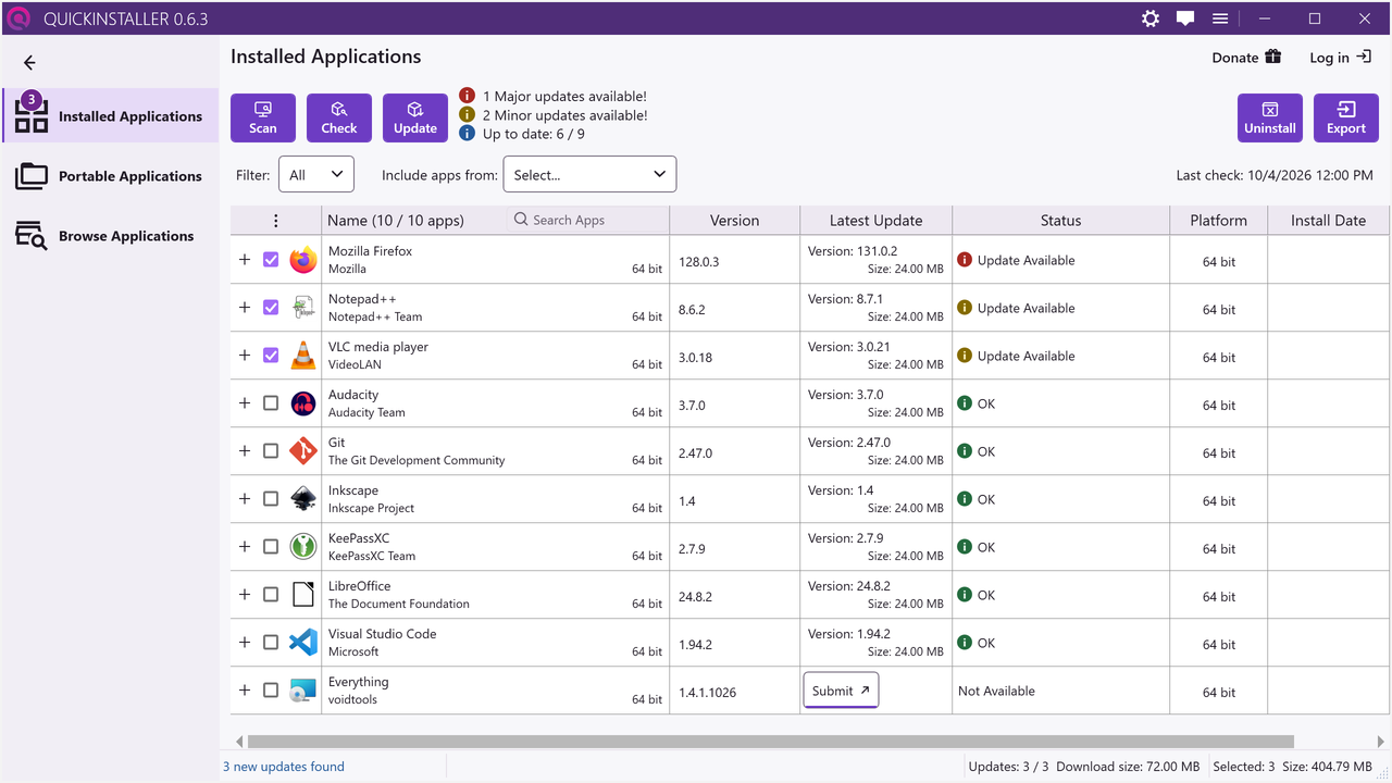 QuickInstaller listing installed apps with updates available